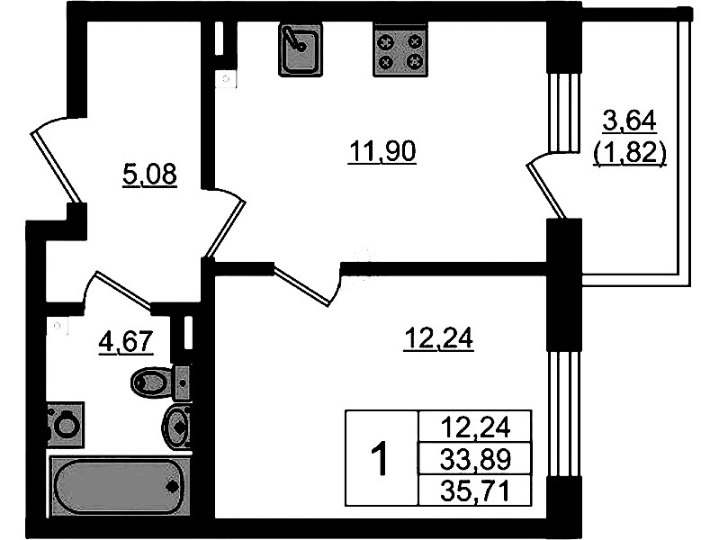 1-комнатная квартира 35.71 м², 2/4 эт., ЖК «Новая история»